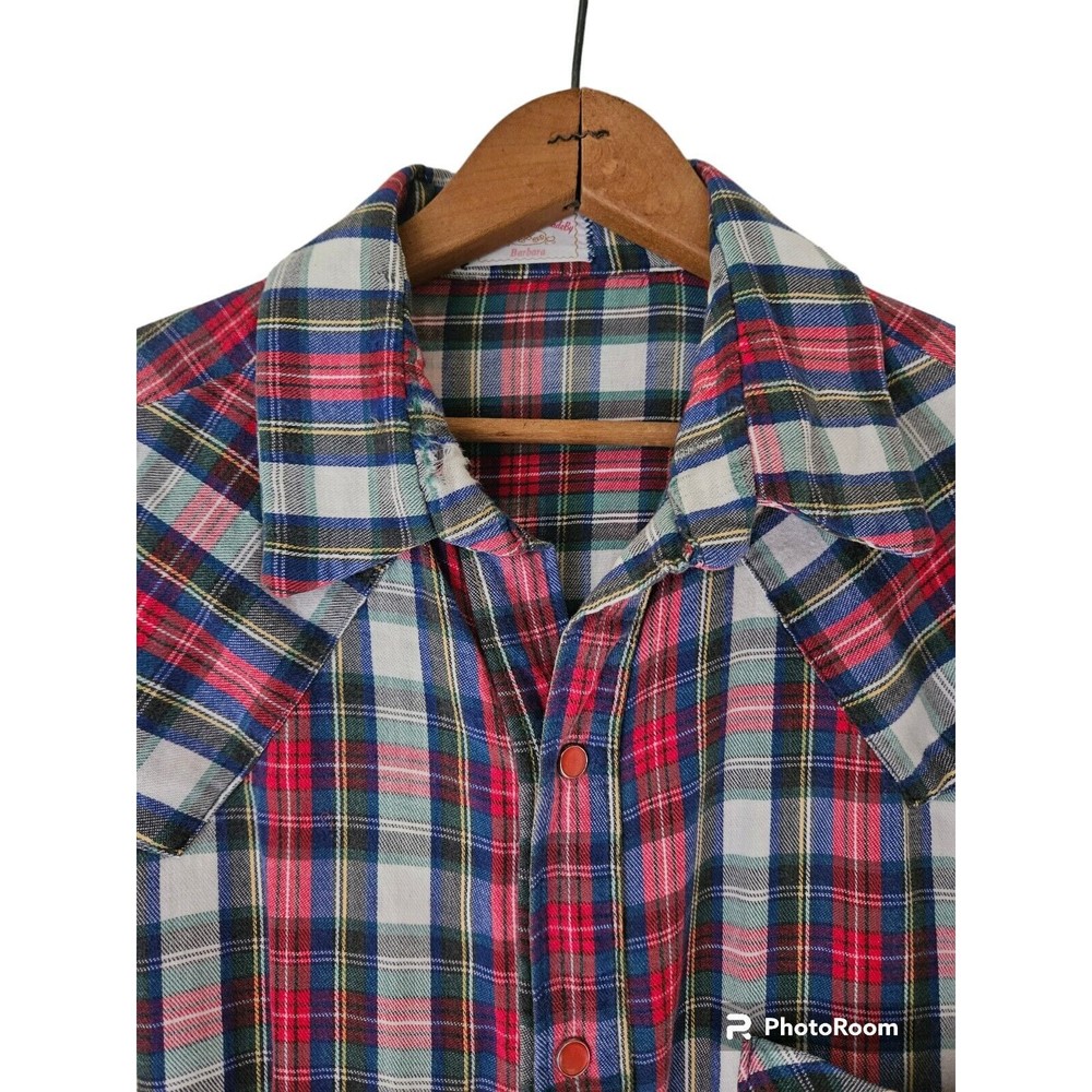 Vtg Handmade Western Shirt Blue Plaid Snaps Warm Cotton Flannel Long Sleeve M